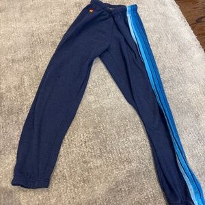 Aviator Nation Navy Blue Track Pants with Light Blue Stripes